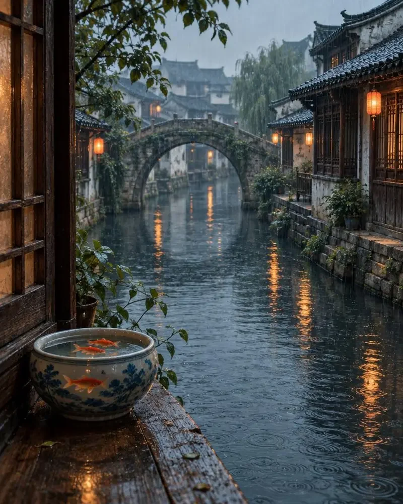 雨中的水乡木窗台，一只陶制小缸里游着橘色锦鲤